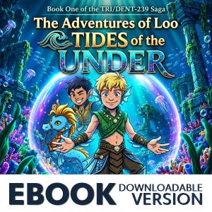 Puede incluir: Una portada de libro digital titulada The Adventures of Loo TIDES of the UNDER, Book One of the TRI/DENT-239 Saga. Muestra a un personaje rubio y a otro de cabello oscuro con un caballito de mar azul en un entorno submarino con ruinas.