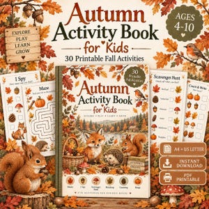 Peut inclure: Un livre d'activités d'automne pour enfants avec 30 activités imprimables. La couverture montre un renard, un écureuil et un hérisson dans une forêt avec des feuilles d'automne. Inclut des pages de jeux, labyrinthes et comptage.