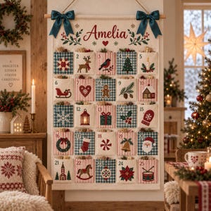 May include: A fabric advent calendar hanging from a wooden rod with dark teal bows. The cream-colored textile features the name Amelia in red script and twenty-five numbered pockets, each decorated with unique holiday illustrations like reindeer, trees, and Santa.