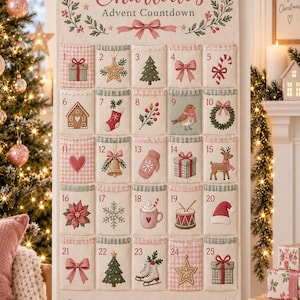 May include: A hanging fabric advent calendar with the text Charlotte's Advent Countdown and Small Moments Brighter Days. It features twenty-five numbered pockets, each decorated with unique Christmas-themed illustrations like trees, gifts, and bows.