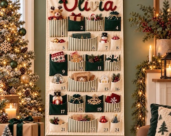 Calendario de Adviento navideño personalizado, calendario de cuenta regresiva de tela para colgar en la pared, decoración navideña de 24 bolsillos, regalo navideño familiar personalizado con nombre