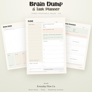 May include: Three A4 printable planner pages titled Brain Dump & Task Planner. The pages feature sections for daily tasks, routines, and brain dumping with pastel-colored accents. Text includes Today, Brain Dump, and Repeating Routines.