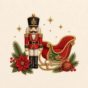 Könnte beinhalten: Eine Stickerei eines Nussknackers in rot-schwarzer Uniform neben einem rot-goldenen Schlitten. Das Motiv enthält einen roten Weihnachtsstern, grüne Tannennadeln, rote Beeren, eine rote Weihnachtskugel und kleine goldene Sternakzente.