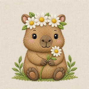 Peut inclure: Un motif de broderie représentant un wombat marron avec un museau brun clair et des joues roses. Le wombat porte une couronne de marguerites blanches à cœur jaune et feuilles vertes, et tient une marguerite blanche à cœur jaune dans ses pattes.