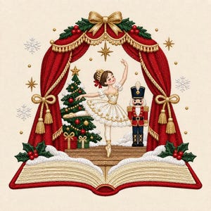 Puede incluir: Una ilustración bordada que muestra a una bailarina con vestido blanco danzando sobre un libro abierto. La escena está enmarcada por cortinas rojas con borlas doradas, un árbol de Navidad decorado, un cascanueces y copos de nieve blancos.