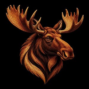 Può includere: Un'illustrazione dettagliata di una testa di alce con grandi palchi strutturati e folta pelliccia in tonalità marrone, rame e oro. L'animale è raffigurato di profilo su uno sfondo nero solido, mettendo in risalto l'intricato lavoro di linee.