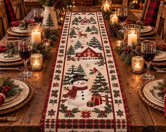 Christmas Quilted Table Runner, Snowman Winter Village Table Decor, Holiday Winter Dining Table Decor, Festive Xmas Kitchen Decor