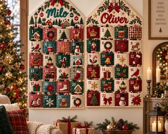 May include: Two fabric Christmas advent calendars with house-shaped tops, personalized with the names Milo and Oliver in red and green embroidery. Each calendar features twenty-four numbered pockets decorated with festive icons like trees, gifts, and snowmen.