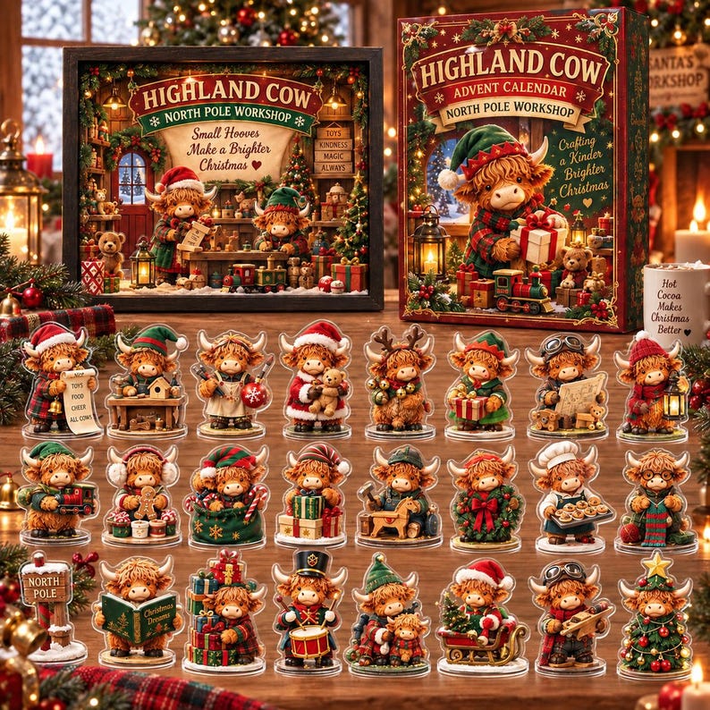 Personalized Highland Cow Advent Calendar, Christmas Countdown 24 Days