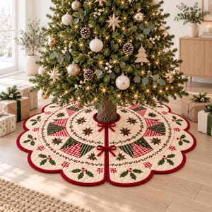 May include: A round, scalloped-edge Christmas tree skirt in cream fabric featuring a quilted pattern of red and green plaid triangles, star motifs, and holly leaf embroidery. The skirt has a central opening with two red ribbon ties at the front.