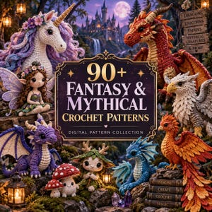 May include: A digital collection of 90+ fantasy and mythical crochet patterns featuring various amigurumi figures including a unicorn, a red dragon, a fairy, a purple dragon, a blue dragon, a phoenix, and mushroom characters with text.