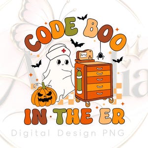 Kod Boo w SVG na oddziale ratunkowym, pielęgniarka Halloween PNG, projekt ducha w stylu retro na oddziale ratunkowym, upiorny pielęgniarz praktykujący w sublimacji