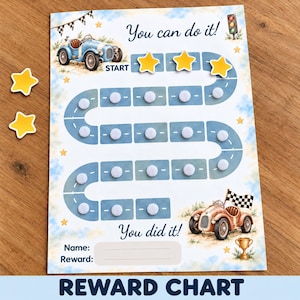Peut inclure: Un tableau de récompenses illustré avec une voiture de course bleue au départ et une rouge à l'arrivée. Il présente un chemin sinueux avec des marqueurs circulaires blancs, des étoiles jaunes, un feu de signalisation et le texte You can do it! et You did it!