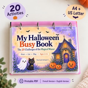 Peut inclure: Un livre d'activités à anneaux intitulé My Halloween Busy Book: The 20 Challenges of the Magical Manor. La couverture illustre un fantôme, un chat noir, des citrouilles et une maison. Le texte indique 20 Activities, A4 + US Letter, Ages 3-6.