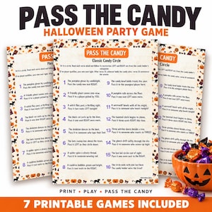 Peut inclure: Un jeu de fête d'Halloween intitulé Pass The Candy présentant une liste de seize versets avec des instructions pour passer des bonbons. La feuille de jeu a une bordure de citrouilles et de chats noirs, avec un bol à bonbons citrouille orange.
