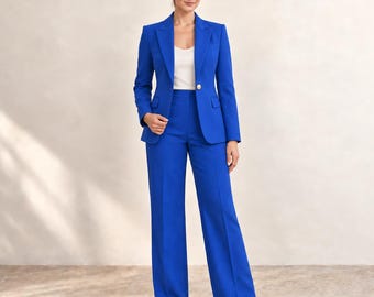 Cobalt Blue Women's Pantsuit, Two-Piece Set with Single-Button Blazer and Wide-Leg Trousers