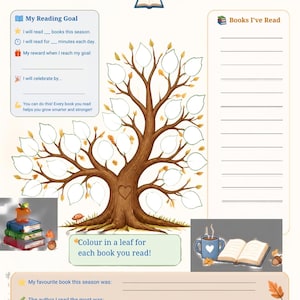 May include: A My Reading Tree activity sheet featuring a central tree illustration with blank leaves to color, sections for reading goals, a list for books read, and prompts for favorite books, all decorated with autumn leaves and book-themed icons.