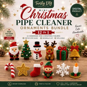 12 in 1 Christmas Pipe Cleaner Patterns Bundle, 12 Mini Chenille Stem Figures, DIY Christmas Crafts PDF, Holiday Decor, Instant Download