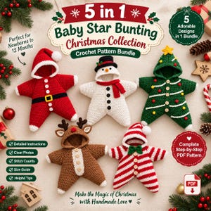 5 Christmas Baby Star Bunting Crochet Pattern Bundle, Crochet Pattern Baby Star Cape Christmas, Baby Christmas Costume Set Crochet Pdf