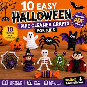 Könnte beinhalten: Ein digitaler Leitfaden mit dem Titel 10 Easy Halloween Pipe Cleaner Crafts for Kids mit 10 gruseligen Projekten. Das Bild zeigt Pfeifenreiniger-Figuren, darunter einen Kürbis, ein Gespenst, eine Spinne, eine Fledermaus, ein Netz, eine Hexe, ein Skelett, ein Monster, einen Vampir und ein Bonbon.