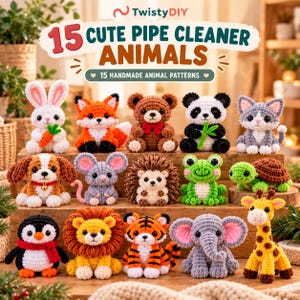 Puede incluir: Una colección de 15 figuras de animales hechas a mano con limpiapipas, incluyendo conejo, zorro, oso, panda, gato, perro, ratón, erizo, rana, tortuga, pingüino, león, tigre, elefante y jirafa, con el texto 15 CUTE PIPE CLEANER ANIMALS.