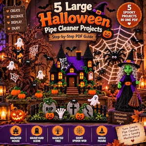 以下が含まれることがあります： 「5 Large Halloween Pipe Cleaner Projects」と題されたデジタルガイド。お化け屋敷、墓地、幽霊の木、巨大なクモの巣、魔女のフィギュアが掲載されています。このガイドには、5つの不気味なプロジェクトのステップバイステップの説明が含まれています。