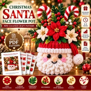 Può includere: Un modello artigianale in PDF digitale per un vaso da fiori a forma di volto di Babbo Natale realizzato con scovolini. L'immagine mostra un coprivaso all'uncinetto a forma di testa di Babbo Natale con stelle di Natale rosse e crema e bacche.