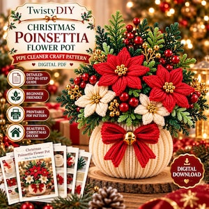 Pode incluir: Um padrão de artesanato para um vaso de poinsétia de Natal feito de limpadores de cachimbo, com flores vermelhas e creme, folhagem verde e bagas vermelhas num vaso creme canelado com um laço vermelho e sino dourado, como guia PDF.