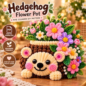Mönster för piprensare till blomkruka med igelkott, chenilleblommor med stjälk, blomkruka i PDF-format, nybörjarpyssel, digital nedladdning, piprensareblommor