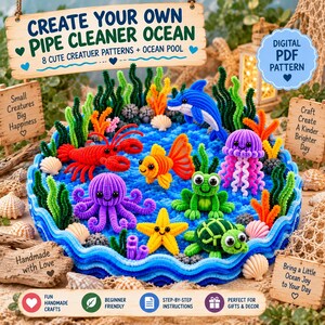 May include: A digital PDF pattern for a pipe cleaner ocean craft project. The image displays a blue wavy-edged pool filled with pipe cleaner sea creatures including a dolphin, lobster, goldfish, jellyfish, octopus, frog, turtle, and starfish.