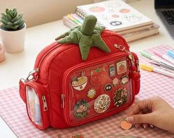 Mochila Tomato Ita Bag, Bolsa Transversal Conversível com Janela Transparente para Exibição de Pins em Convenções