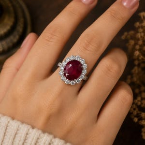 Puede incluir: Un anillo de tono plateado con un gran rubí rojo oscuro de corte ovalado como pieza central. El rubí está rodeado por un halo de pequeños diamantes blancos redondos y claros, dispuestos en un diseño festoneado de inspiración floral sobre una banda de metal pulido.