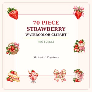 Pacchetto di clipart di fragole ad acquerello, 70 file PNG, simpatiche grafiche di fragole, fiocchi rosa, dolci e motivi floreali - Download digitale
