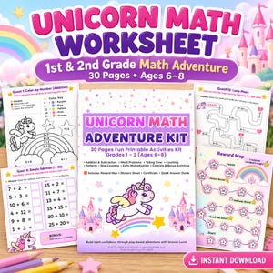 May include: A printable unicorn math worksheet kit for 1st and 2nd grade students, ages 6-8. The set includes 30 pages of addition, subtraction, word problems, and counting activities, featuring a central cover page, reward map, and quest sheets.