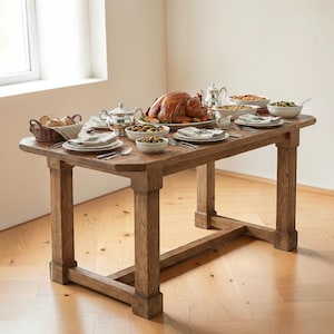 May include: A rectangular wooden dining table with four sturdy legs and a trestle base, set with a roasted turkey on a large platter, various white ceramic bowls containing side dishes, silver serving pieces, and plates with linen napkins.
