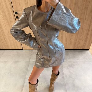 Women's Python Embossed Faux Leather Mini Dress Long Sleeve Bodycon Vegan PU Suede Backed Animal Print Partywear Statement Chic Modern