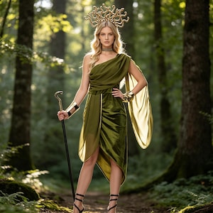 Könnte beinhalten: Ein olivgrünes Samtkleid mit einer Schulter und drapiertem Überwurf, kombiniert mit einem goldenen schlangenförmigen Kopfschmuck, einem passenden goldenen Armreif, einem schwarzen Stab mit goldener Schlangenspitze, schwarzen Riemchensandalen und einem goldenen Halsband.