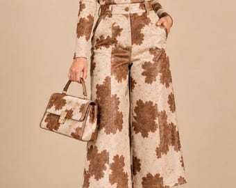 Cowhide Leather Pants for Women, Wide Leg Culottes with Matching Handbag
