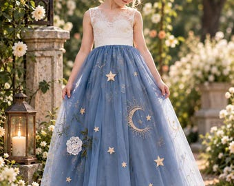 Dusty Blue Celestial Flower Girl Dress, Lace Bodice, Tulle Skirt, Stars & Moon (Wedding Gown)