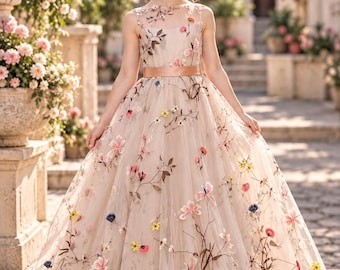 Embroidered Floral Flower Girl Dress, Butterfly Tulle Girls Wedding Dress, Blush Princess Gown, Garden Wedding Birthday Party