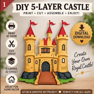 Puede incluir: Un proyecto de castillo de 5 capas para imprimir, con un castillo de piedra amarilla con tres torres de techo rojo, una puerta central arqueada, un puente levadizo y una base verde. El texto incluye DIY 5-LAYER CASTLE y DIGITAL DOWNLOAD.