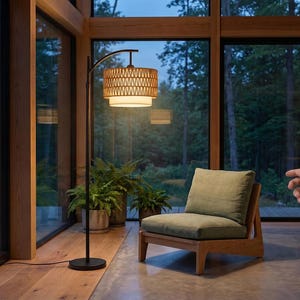 May include: A floor lamp with a black metal stand and a cylindrical woven rattan shade featuring a tiered design. The lamp emits a warm glow, illuminating the surrounding area. The structure includes a circular base and a curved arm.