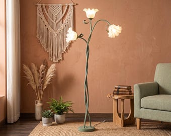Flower Floor Lamp, Retro 3-Light Standing Lamp, Green Iron Floral LED Light, E26 Bulbs for Bedroom Living Room Office