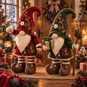Può includere: Due gnomi all'uncinetto con lunghe barbe bianche, uno con un cappello rosso e uno con un cappello verde. Entrambi i cappelli sono decorati con tralci di fiori e stelle gialle. Lo gnomo rosso regge una lanterna e una borsa, quello verde un regalo e un bastone.