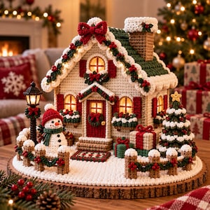 Op de afbeelding: Een gehaakt kersthuisje met een crèmekleurig huisje met een groen dak, rode luiken en een schoorsteen. De scène bevat een sneeuwpop, een versierde kerstboom, ingepakte cadeautjes, een lantaarnpaal en een hekwerk op een houten ondergrond.
