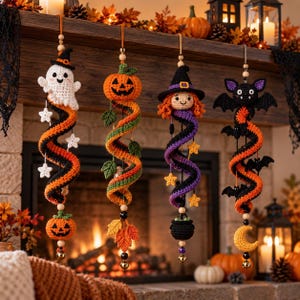 May include: Four hanging crochet decorations featuring Halloween themes: a white ghost with a pumpkin, a jack-o'-lantern with leaves, a witch with a cauldron, and a black bat with a crescent moon. Each ornament has a spiral body and wooden beads.