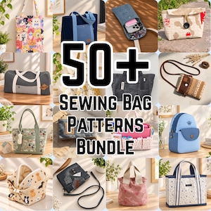 May include: A collage of various handmade fabric bags including tote bags, crossbody bags, backpacks, and pouches featuring diverse patterns like cats, dogs, floral prints, and denim textures with the text 50+ SEWING BAG PATTERNS BUNDLE.