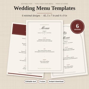 Könnte beinhalten: Hochzeitsmenü-Vorlagen mit sechs bearbeitbaren Designs in den Größen A5, 5 x 7 Zoll und 4 x 9 Zoll. Die weißen Karten zeigen schwarzen Text mit Überschriften für Gänge, inklusive eines kastanienbraunen runden Abzeichens mit 6 Designs.