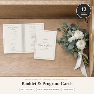 May include: A wedding programme booklet and card set with cream paper and black text. The booklet is open to show an order of service and hymn list. The card features the names Olivia and James. A bouquet of white roses and eucalyptus is tied with a ribbon.