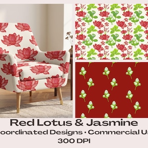 May include: An armchair upholstered in a cream fabric featuring a repeating pattern of red lotus flowers and green jasmine leaves, with light wood legs. The text Red Lotus & Jasmine 7 Coordinated Designs Commercial Use 300 DPI is visible.